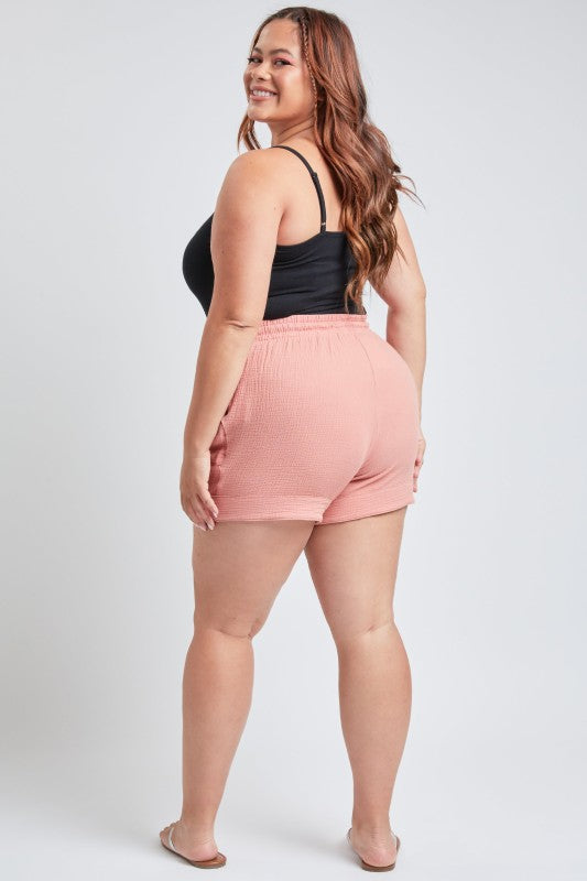 Plus Size Double Gauze Shorts With Banded Hem And side Pockets