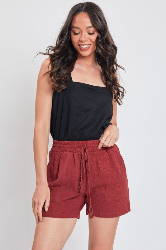 Double Gauze Shorts With Banded Hem And side Pockets