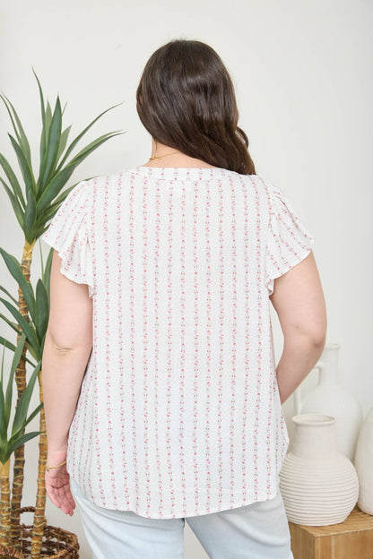 PLUS STRIPE FLORAL GARLAND RUFFLE SLEEVE TOP