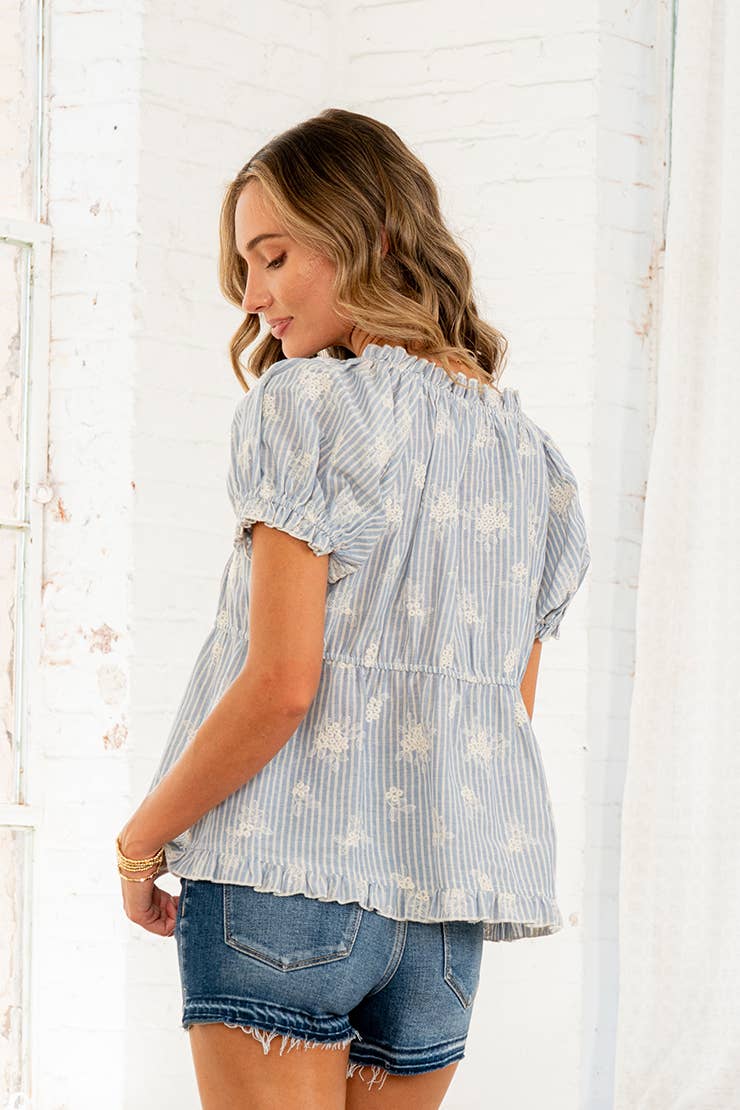 Relaxed Fit Embroidered Ruffle Stripe Top