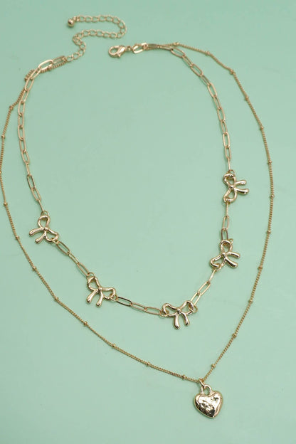 DOUBLE LAYER MULTI BOW WITH HEART CHARM NECKLACE | 80N91660