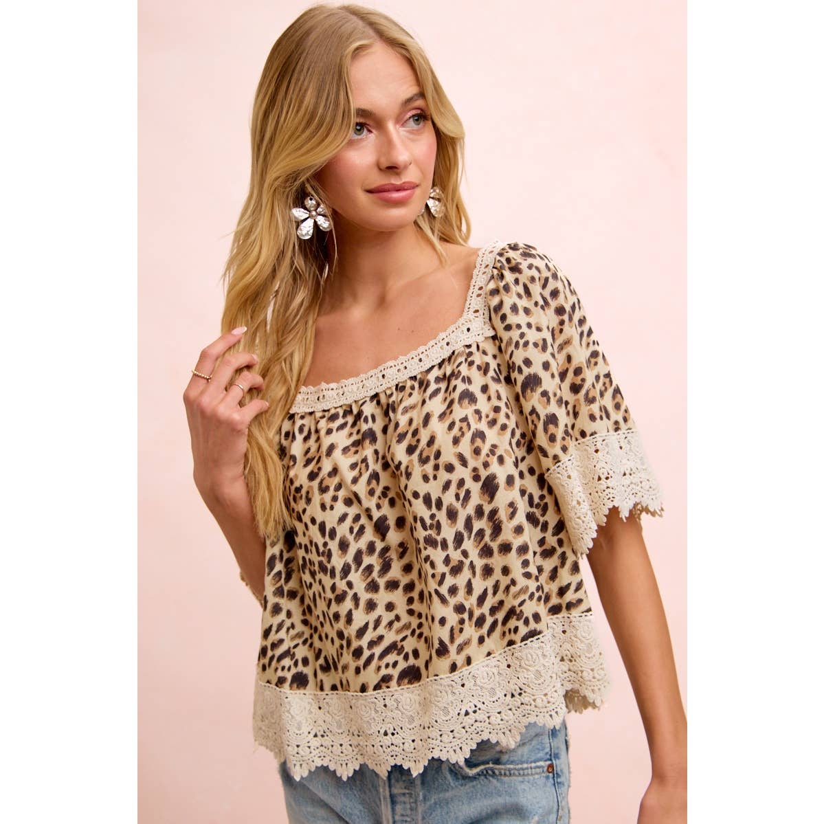 Leopard & Lace Square Neck Blouse