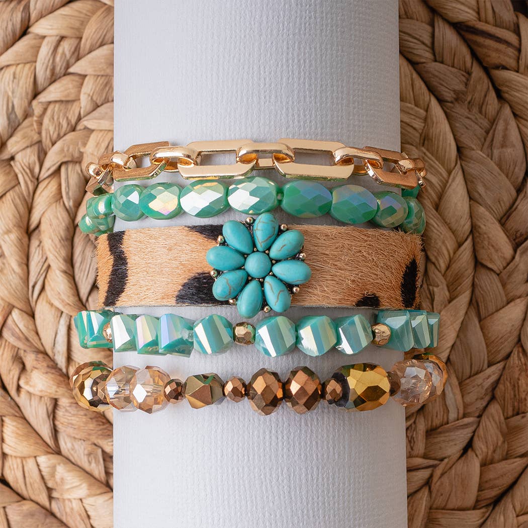 Leopard and Crystal Stacked Bracelets
