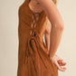 SUEDE SIDE LACE UP SLEEVELESS BOAT NECK MINI DRESS