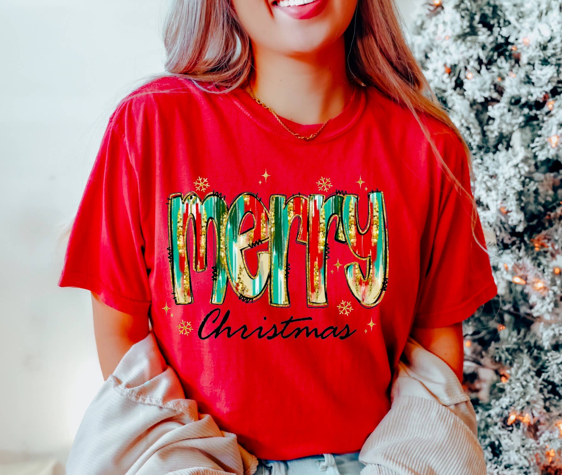 Faux Glitter Merry Christmas Brushstroke Graphic Tee      - Southern Sassy Boutique