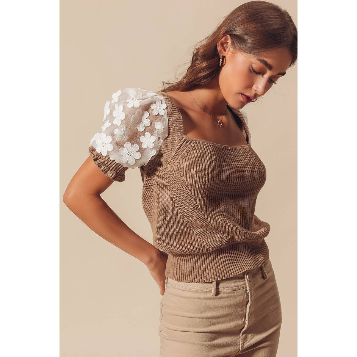 Floral Lace Puff Sleeve Square Neck Sweater