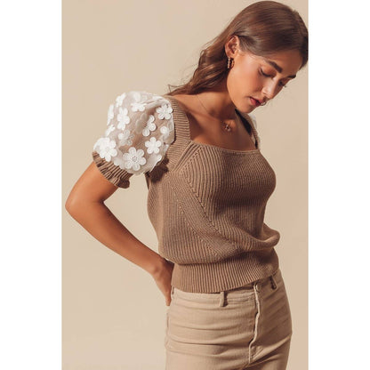 Floral Lace Puff Sleeve Square Neck Sweater