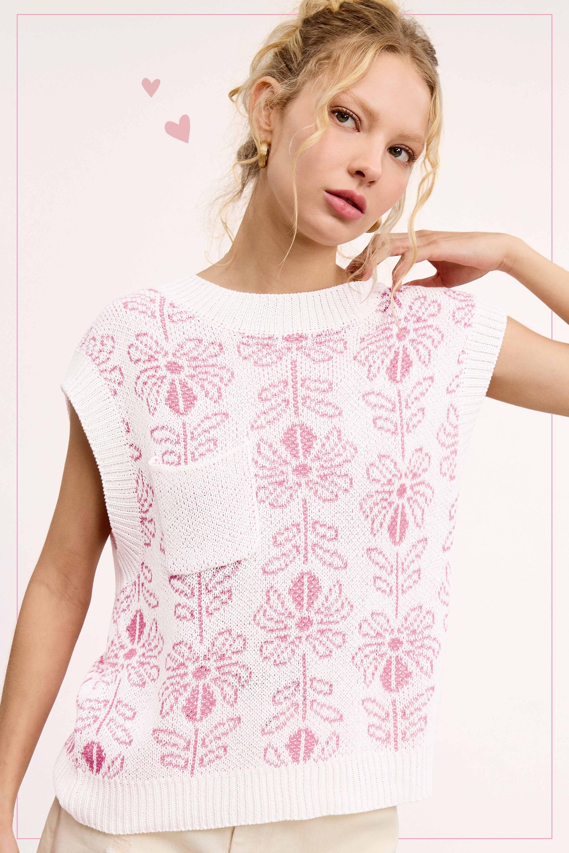 Floral Pattern Sleeveless Sweater Vest Top - Southern Sassy Boutique