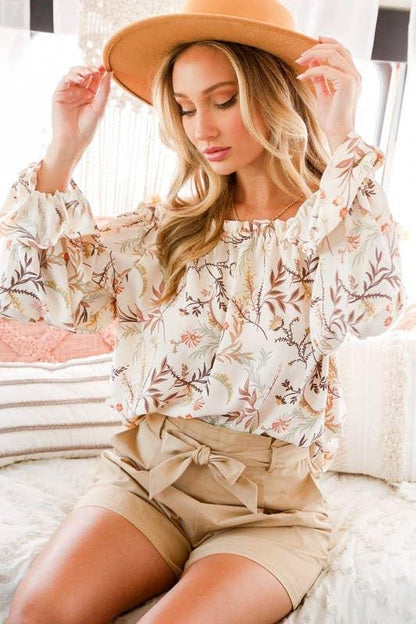 Floral Eyelet Lace Tie Front V-Neck Long Puff Blouse Top Off Shoulder Woven Blouse Top - Southern Sassy Boutique
