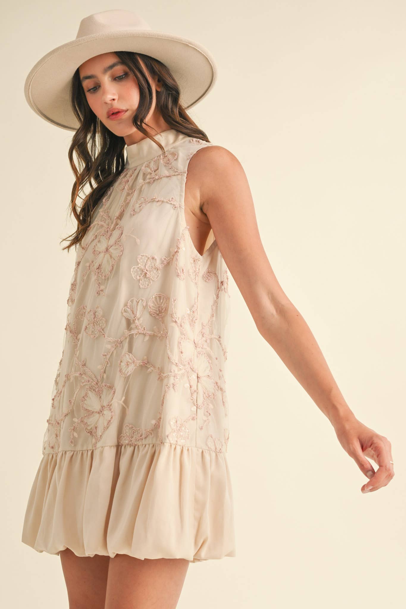 BUBBLE HEM EMBELLISHED MIXED MEDIA MINI DRESS