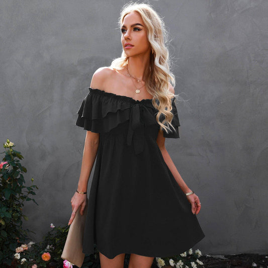 Off Shoulder Ruffle Tie Trim Dress - Southern Sassy Boutique