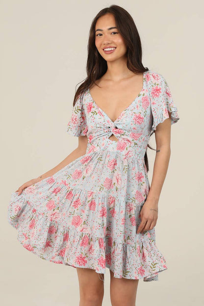 Twist Front Cut Out Floral Dress