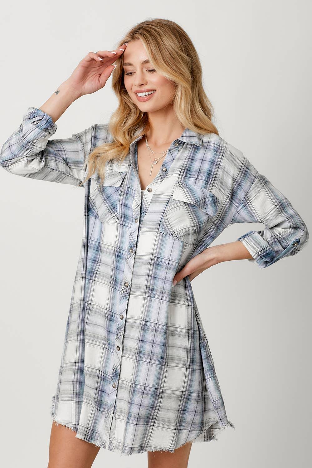 Washed Plaid Shirt Dress - Southern Sassy Boutique