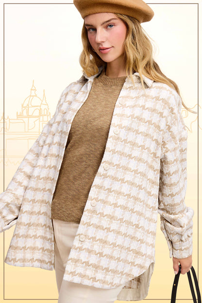 Oversized Houndstooth Patterned Soft Brushed Shacket