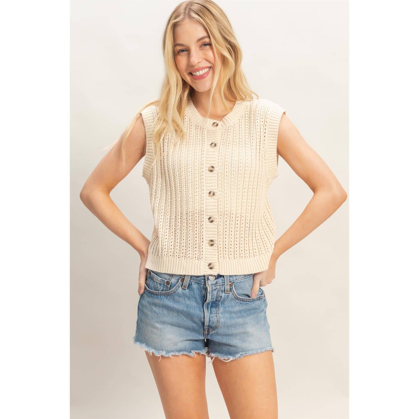 Sleeveless Ribbed Button Sweater