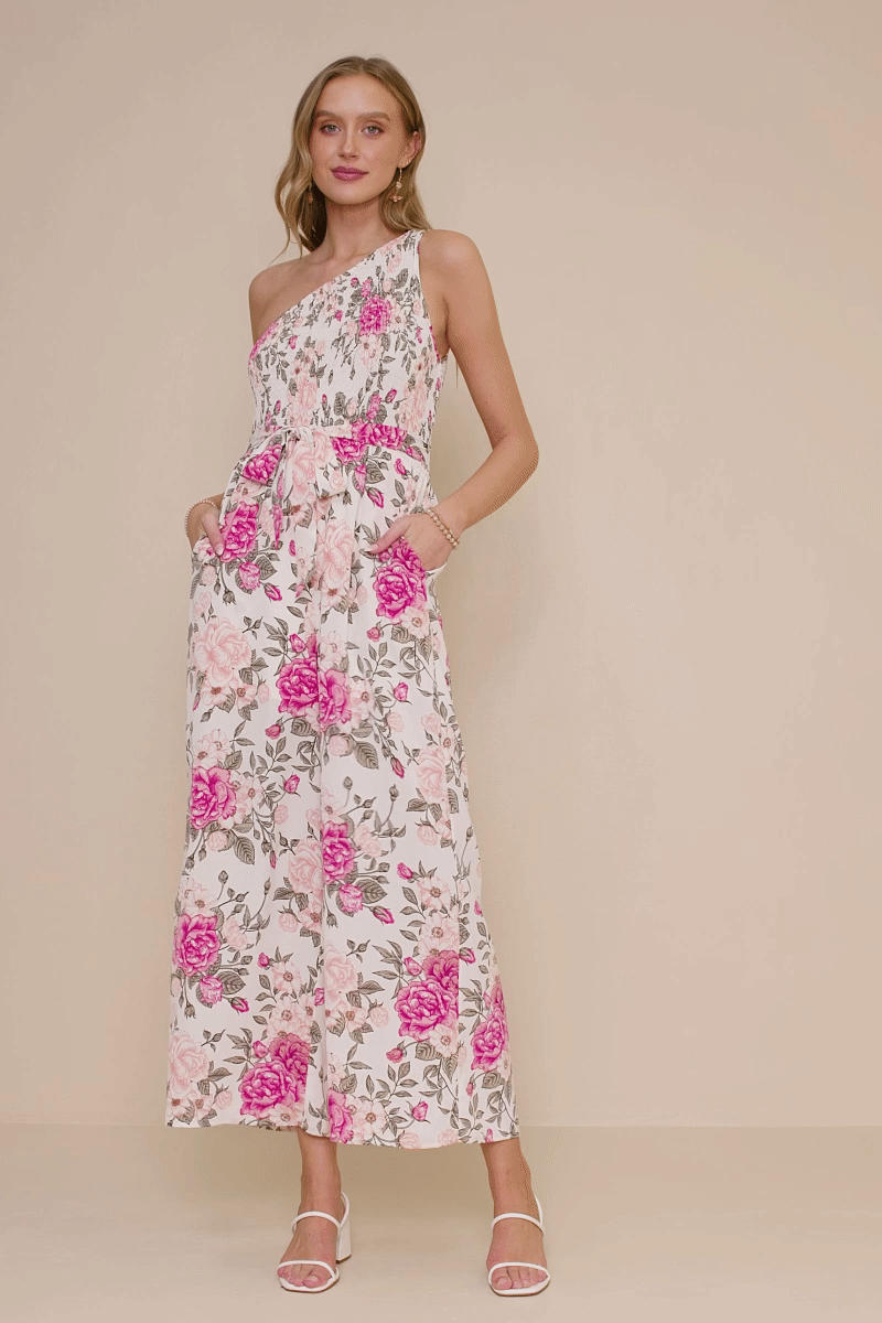Romantic Floral Smocked One Shoulder Jumpsuit