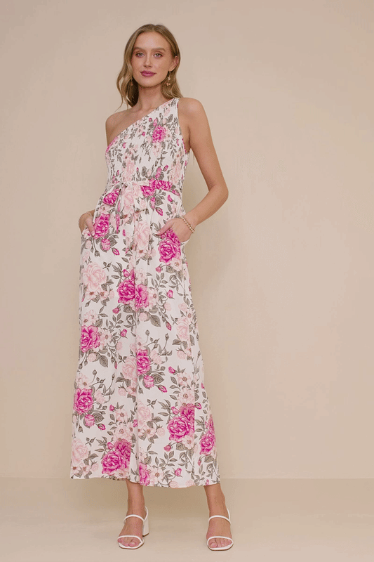 Romantic Floral Smocked One Shoulder Jumpsuit