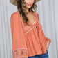 Eyelet Lace Tie Front V-Neck Long Puff Blouse Top