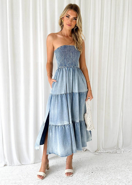 Off-Shoulder Hem Slit Jean Dress