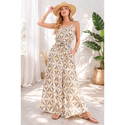 Tie Waist Wide Leg Jumpsuit with Bead Detail