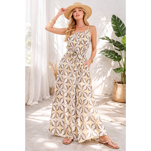 Tie Waist Wide Leg Jumpsuit with Bead Detail
