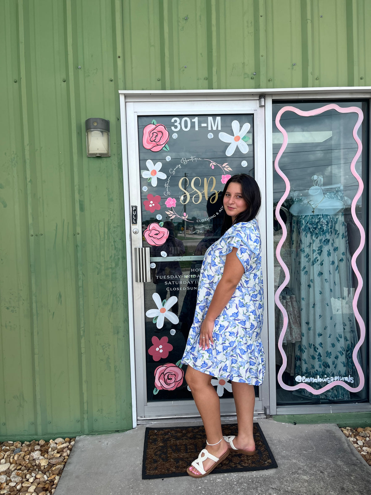 Blue Floral V-Neck Flutter Sleeve Tiered Dress