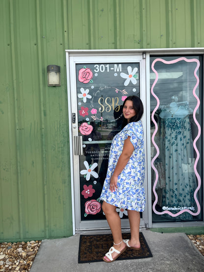 Blue Floral V-Neck Flutter Sleeve Tiered Dress