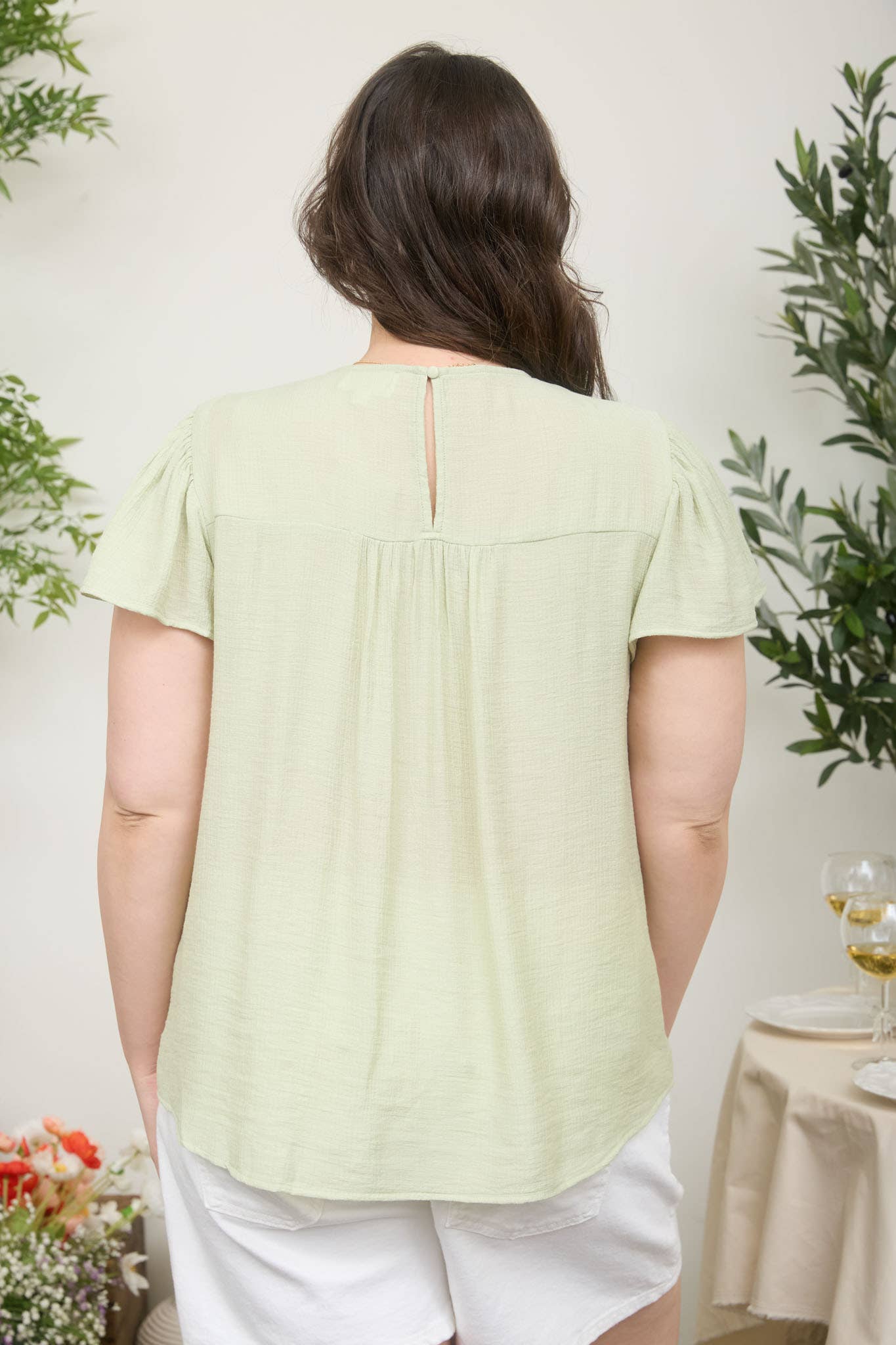 PLUS FLORAL EMBROIDERY DETAIL FLOUNCE SLEEVE TOP