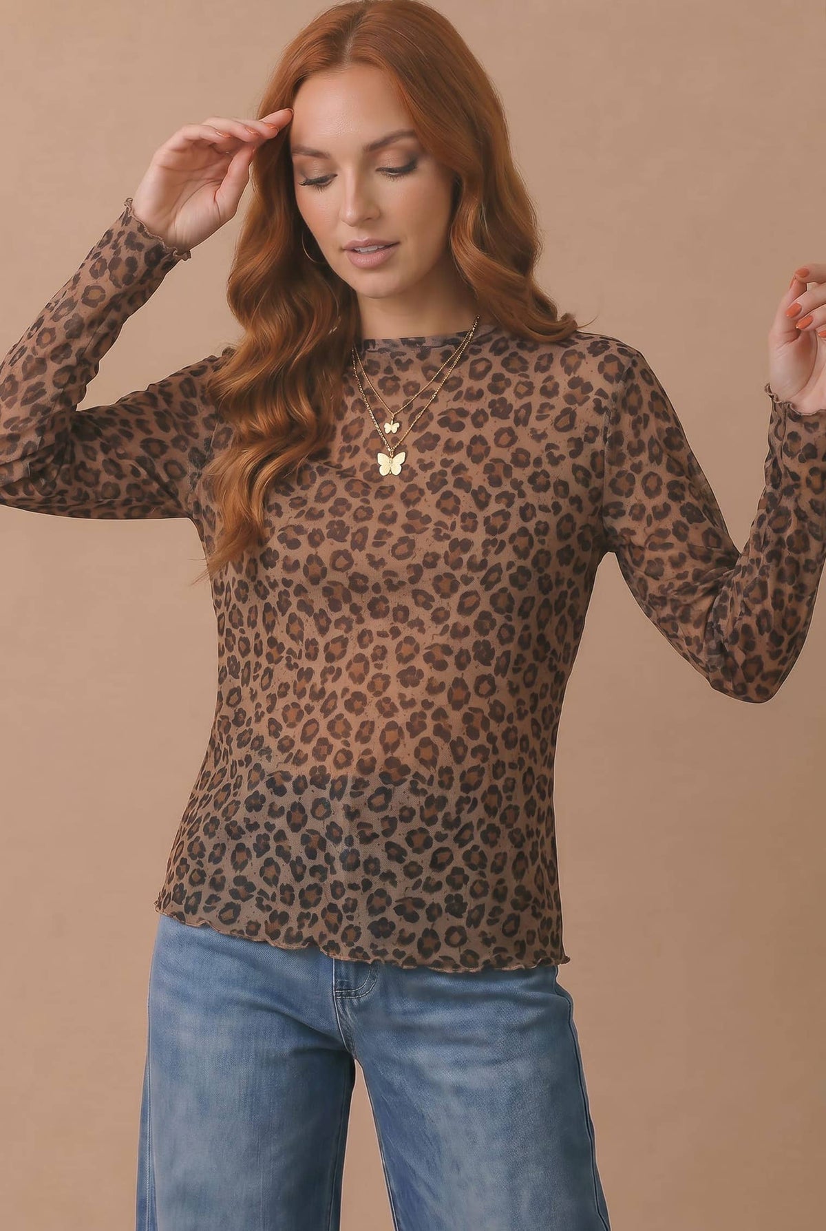 High Neck Long Sleeve Leopard Mesh Top