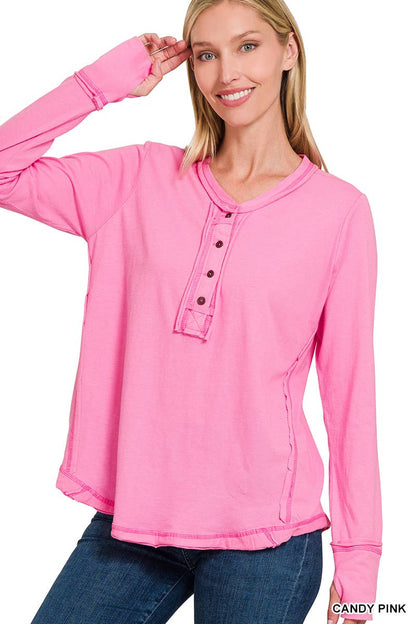 Thumb Hole Cuffs Button Closure Long Sleeve Top