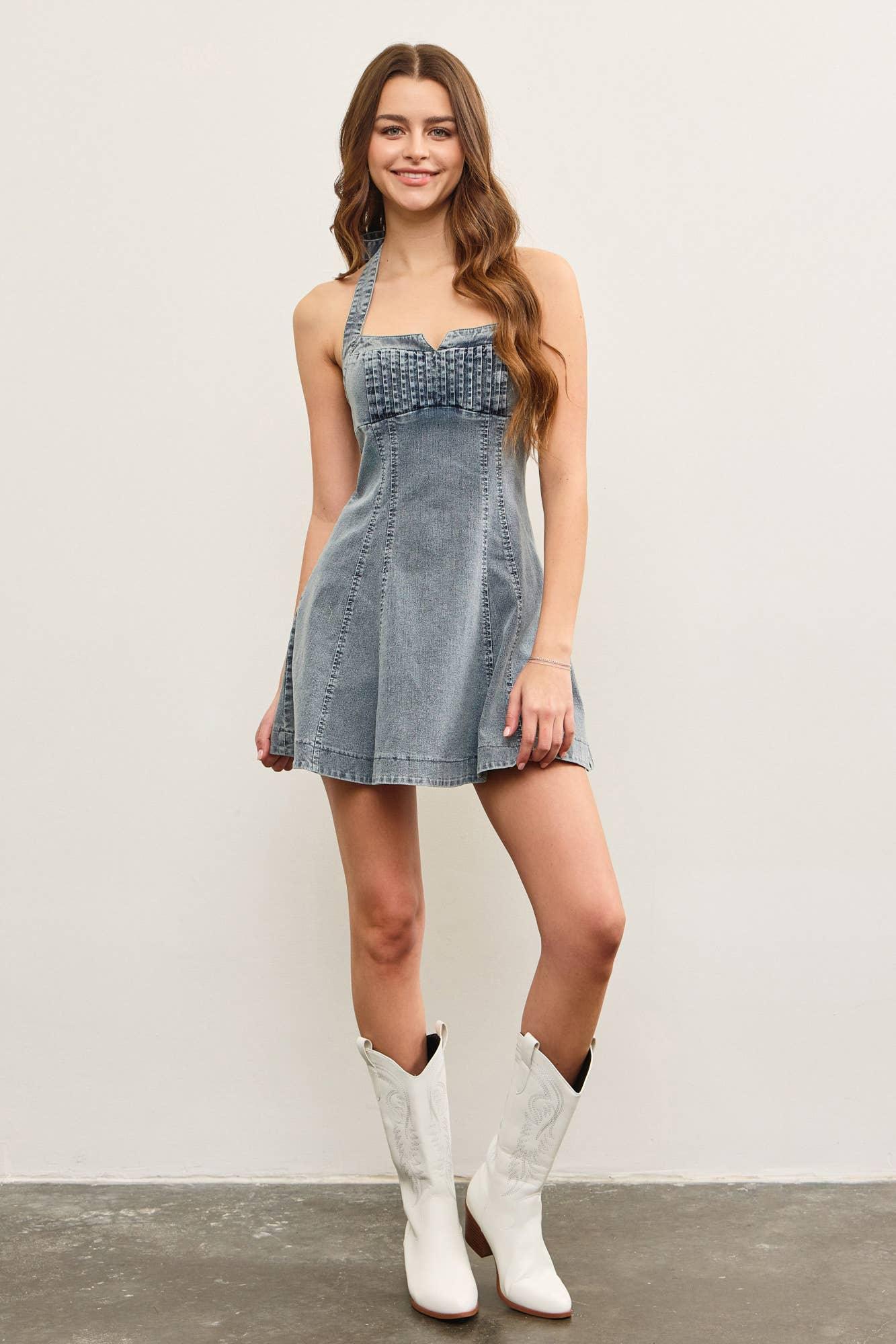 TIED HALTER NECK FLARE DENIM DRESS - Southern Sassy Boutique