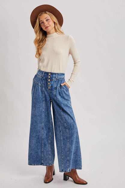 DENIM PLEATED RETRO HIGH-RISE WIDE LEG JEANS - Southern Sassy Boutique