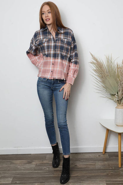 PLAID BLEACH OMBRE DIP DYE BUTTON FRONT SHIRT - Southern Sassy Boutique