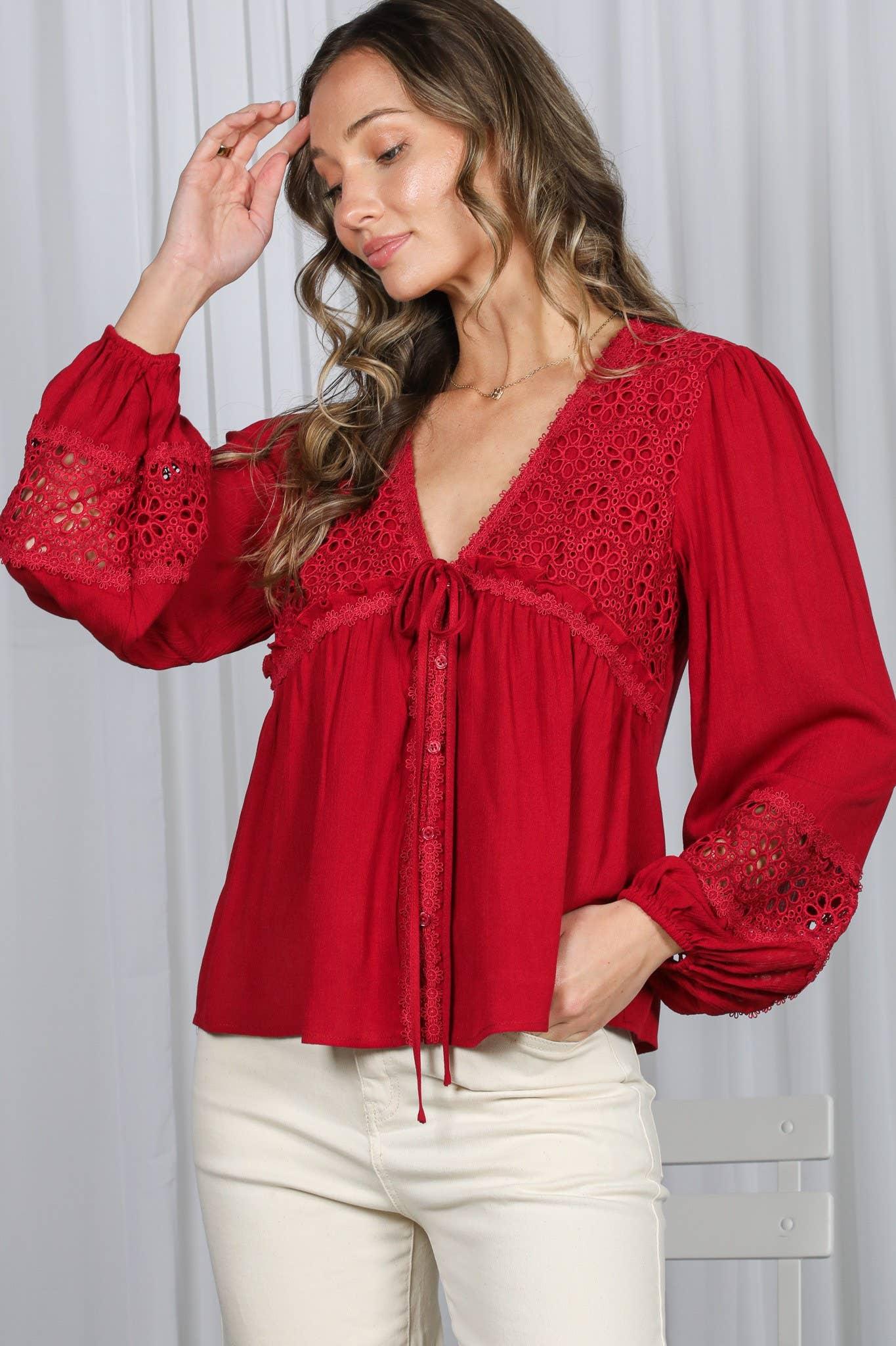 Eyelet Lace Tie Front V-Neck Long Puff Blouse Top - Southern Sassy Boutique