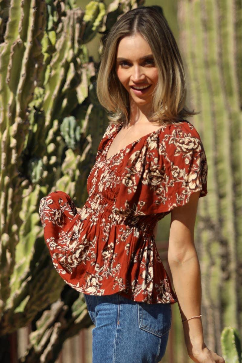 V NECK SMOCKED BODICE FLORAL PRINT BLOUSE - Southern Sassy Boutique
