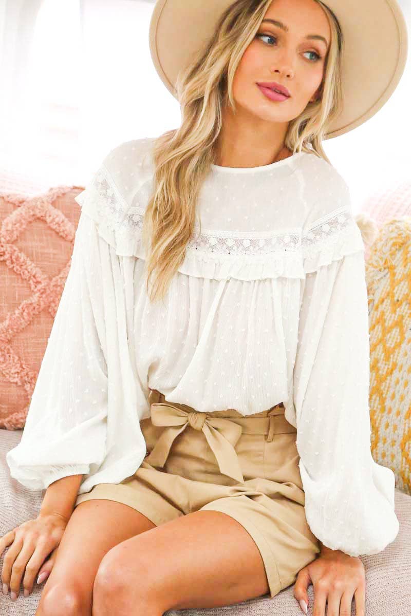 Lace-Up Back Detail Swiss Dot Patterned Blouse