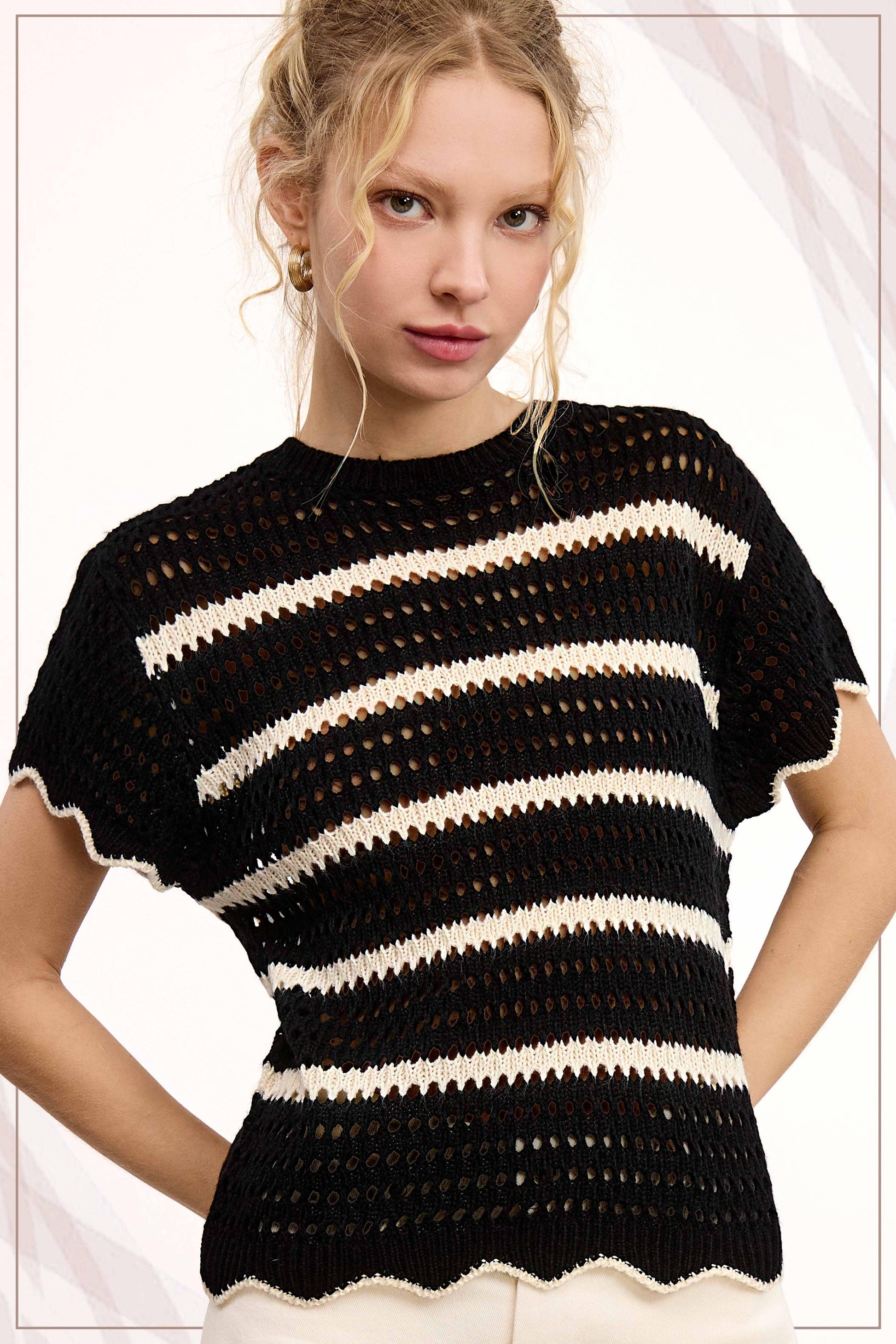 Round Neck Scalloped Edge Short Sleeve Sweater - Southern Sassy Boutique