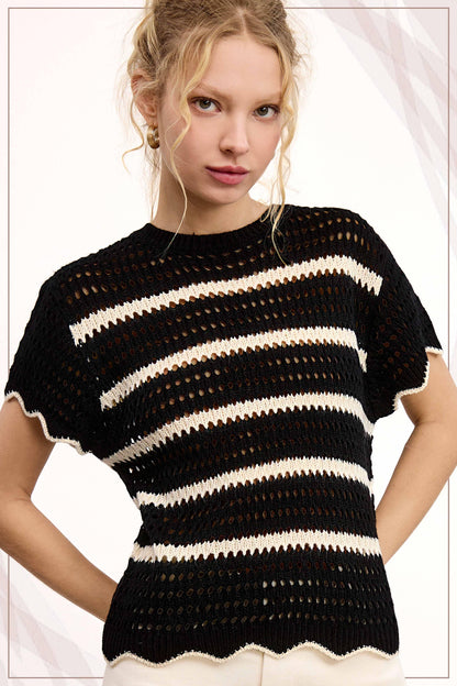 Round Neck Scalloped Edge Short Sleeve Sweater - Southern Sassy Boutique