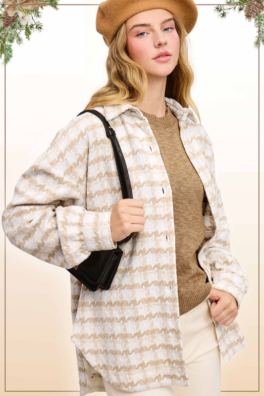 Oversized Houndstooth Patterned Soft Brushed Shacket