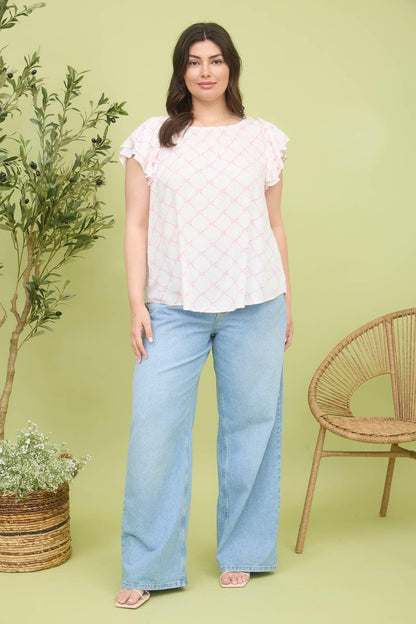 BOW CLIP DOT PATTERN RUFFLE SLEEVE BLOUSE - Southern Sassy Boutique