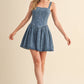 STAR PRINTED DENIM FLARED MINI DRESS