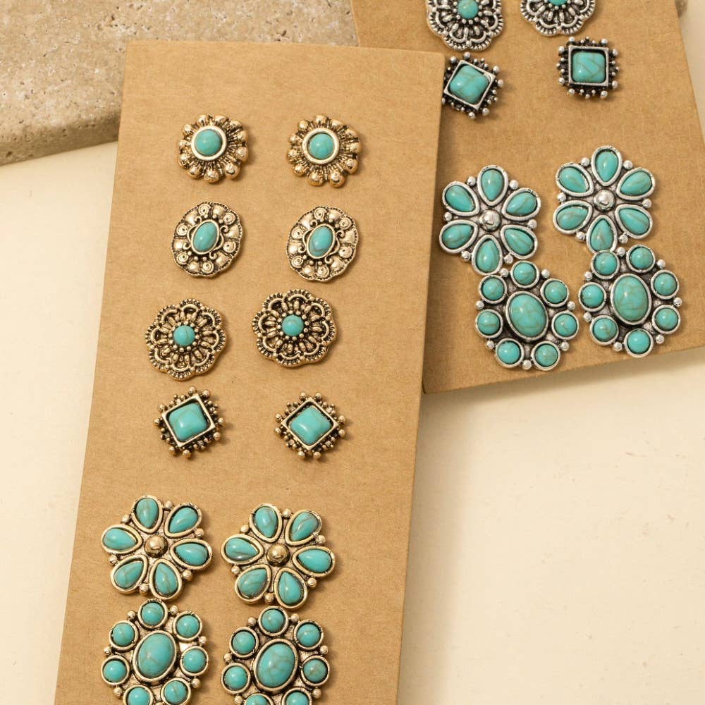 Multi Turquoise Stone Concho Earrings Set