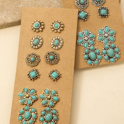 Multi Turquoise Stone Concho Earrings Set