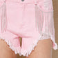 Distressed Frayed Detail Fringe Rhinestone Denim