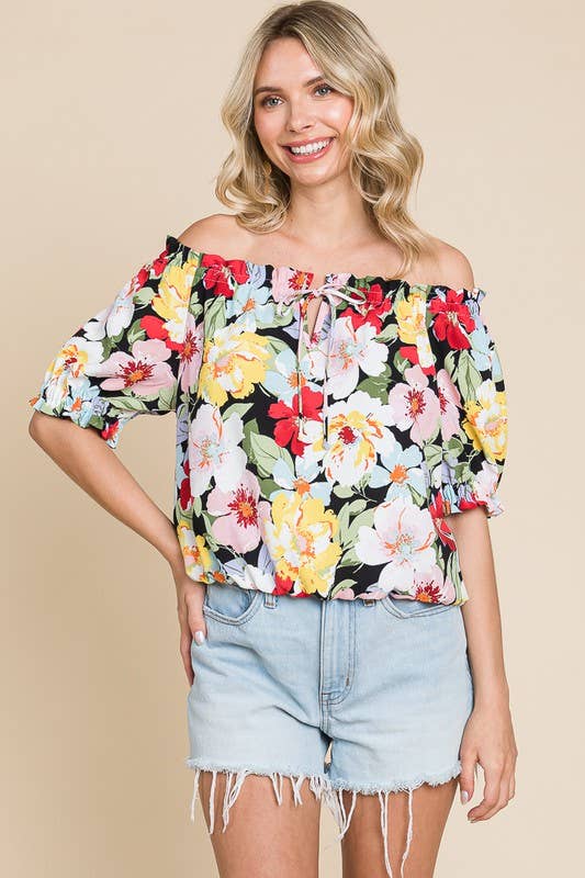 Curvy Of Shoulder Floral Top with Puff Sleeves