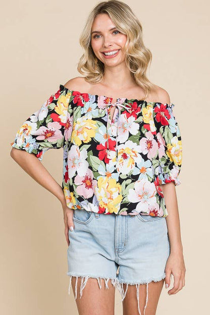 Curvy Of Shoulder Floral Top with Puff Sleeves