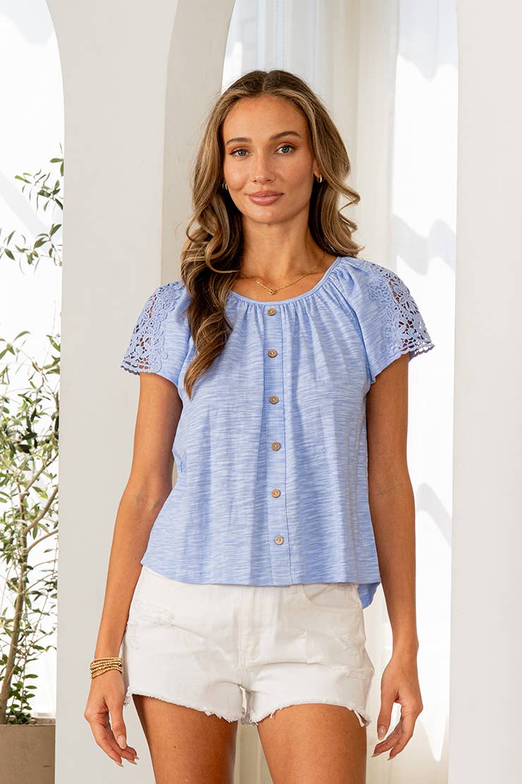 Relaxed Fit Crochet Sleeve Button Front Top
