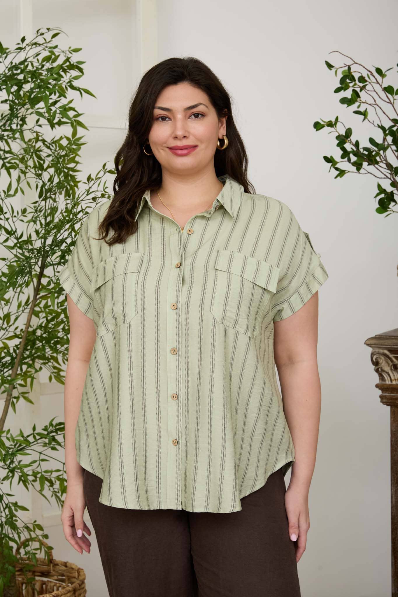 PLUS STRIPE TAB DETAIL COLLARED BUTTON DOWN SHIRT