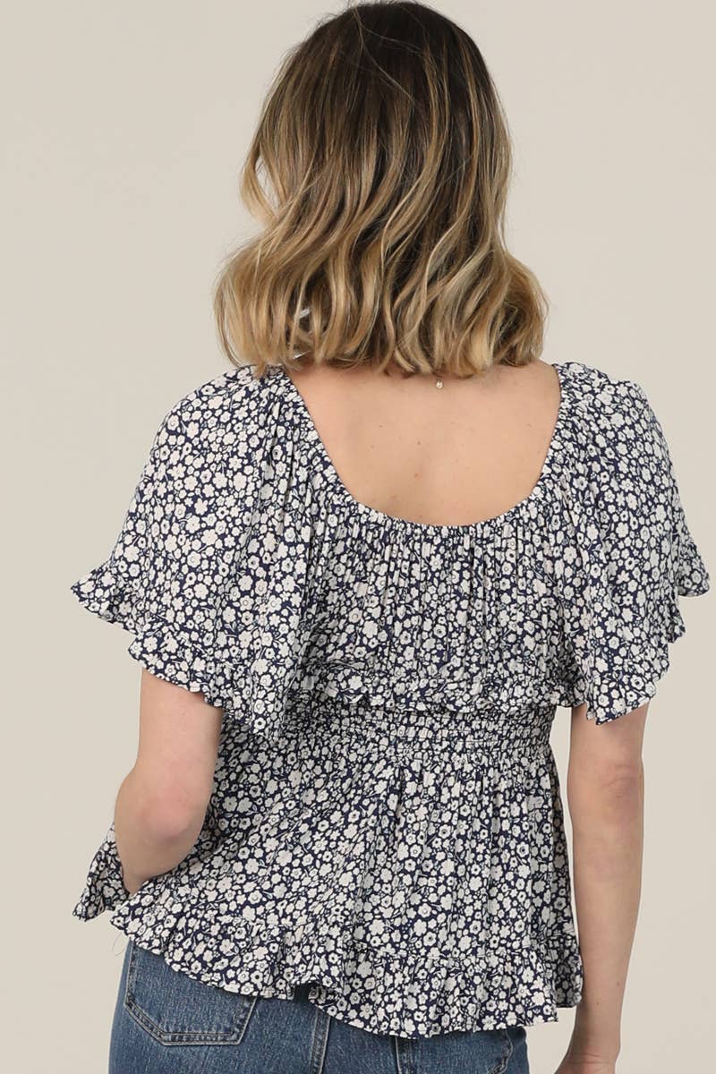 Ditsy Print Short Sleeve Smocked Waist Top