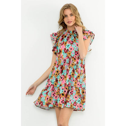 Flutter Sleeve Tiered Print Dress